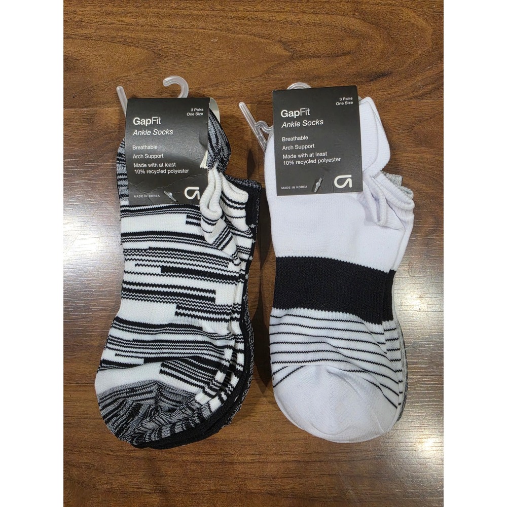 GapFit Ankle Socks Women One Size Black White New 6 Pairs Arch Support Athletic